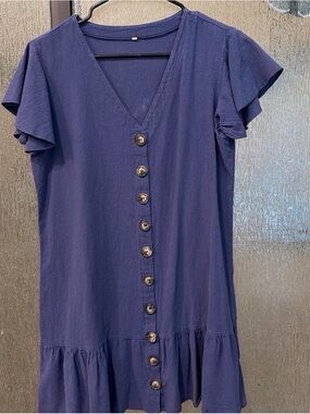 Women's Navy Button-Front Ruffle Sleeve Dress